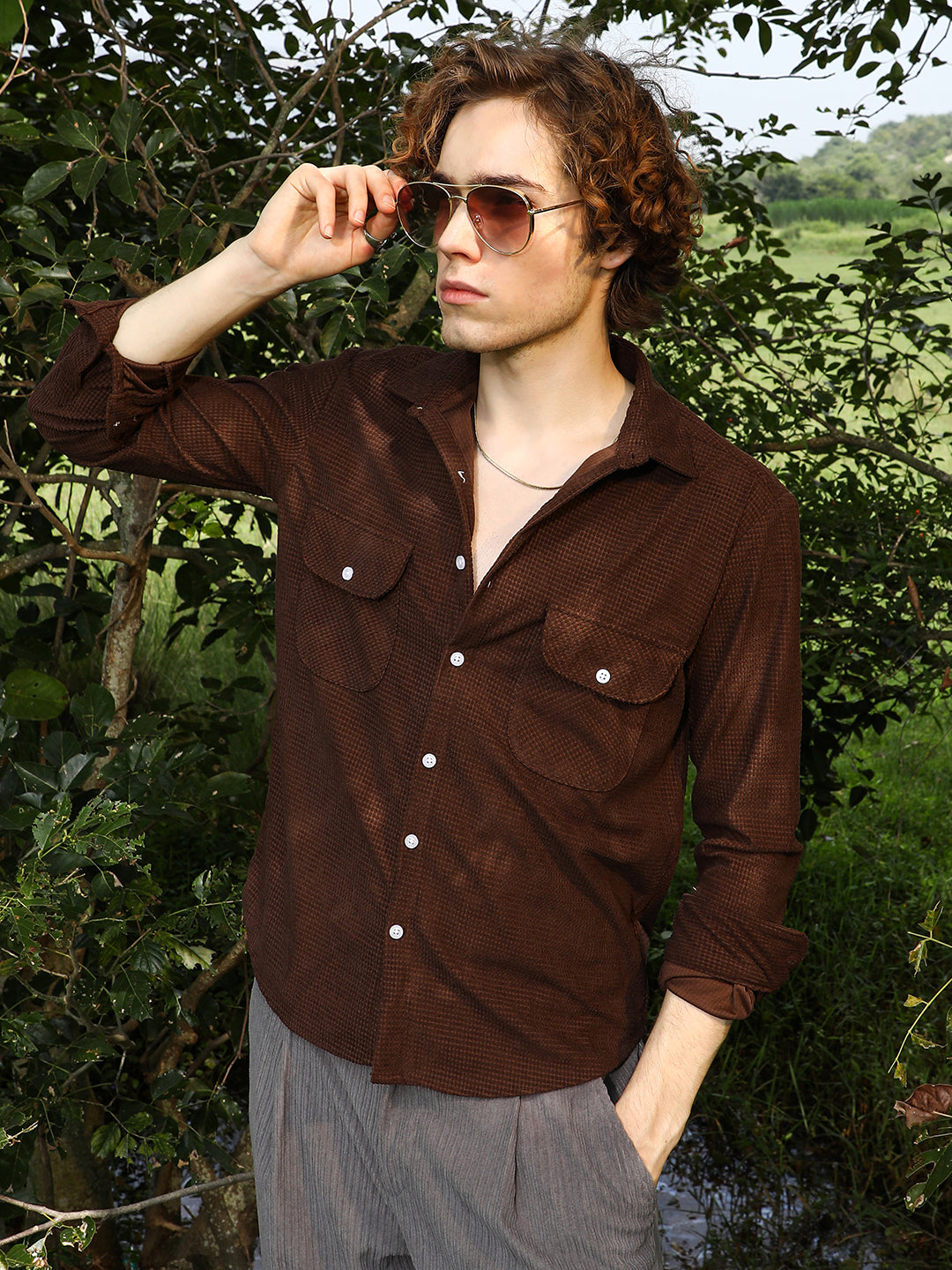 899 | Campus Sutra men Chocolate Brown Tactile Utility Shirt - Campussutra 899 | Campus Sutra men Chocolate Brown Tactile Utility Shirt - Campussutra