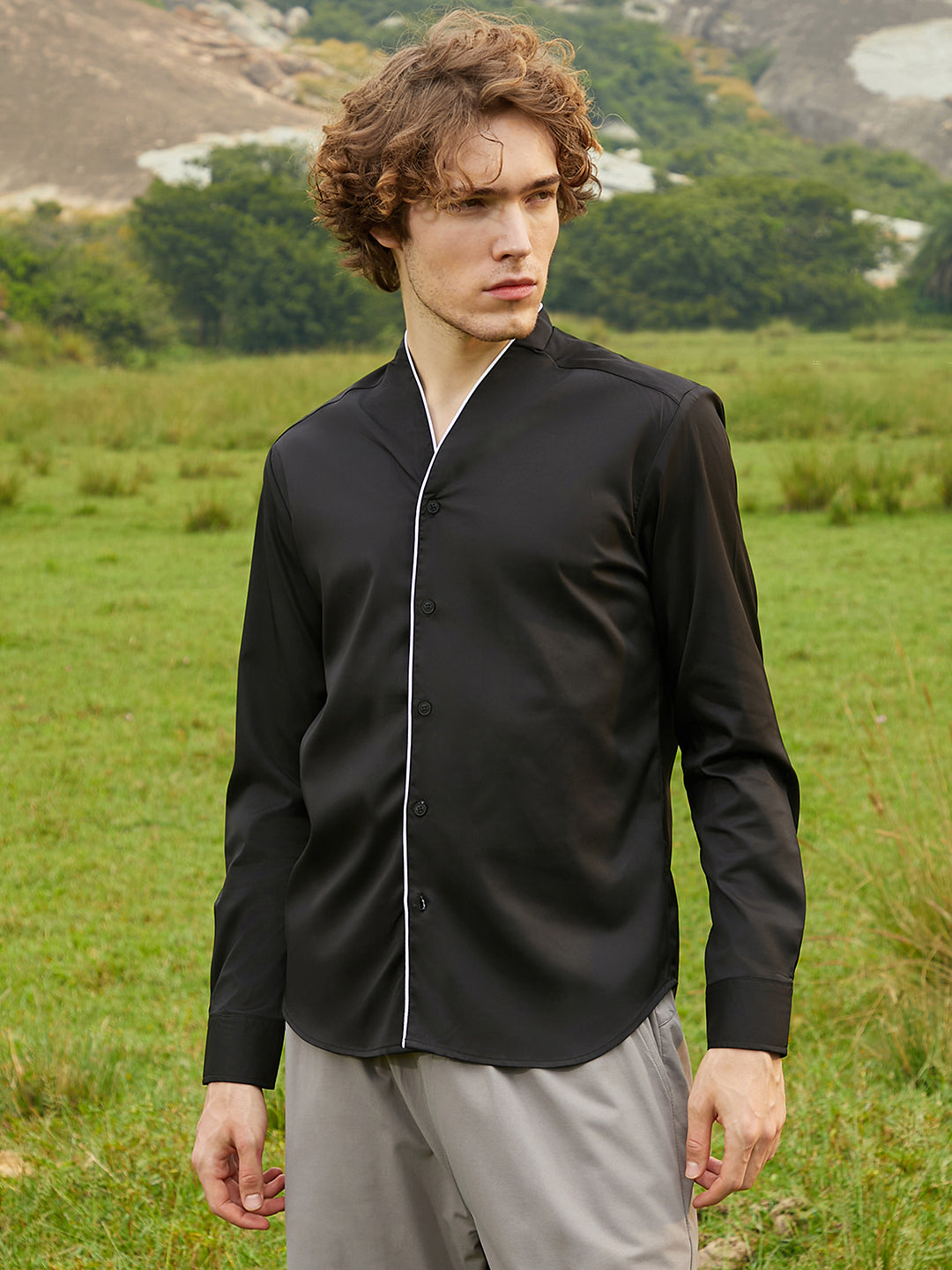 ₹899 | Campus Sutra men Charcoal Black Solid Culinary Shirt