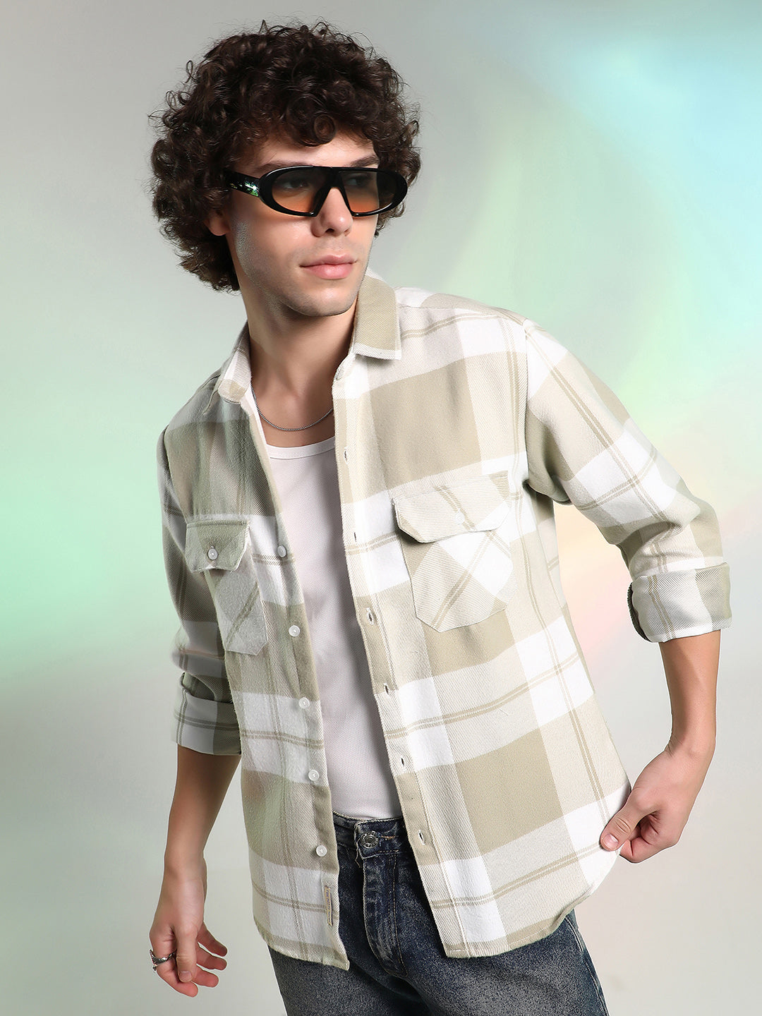 Beige Plaid Cotton Shirt With Full Sleeves