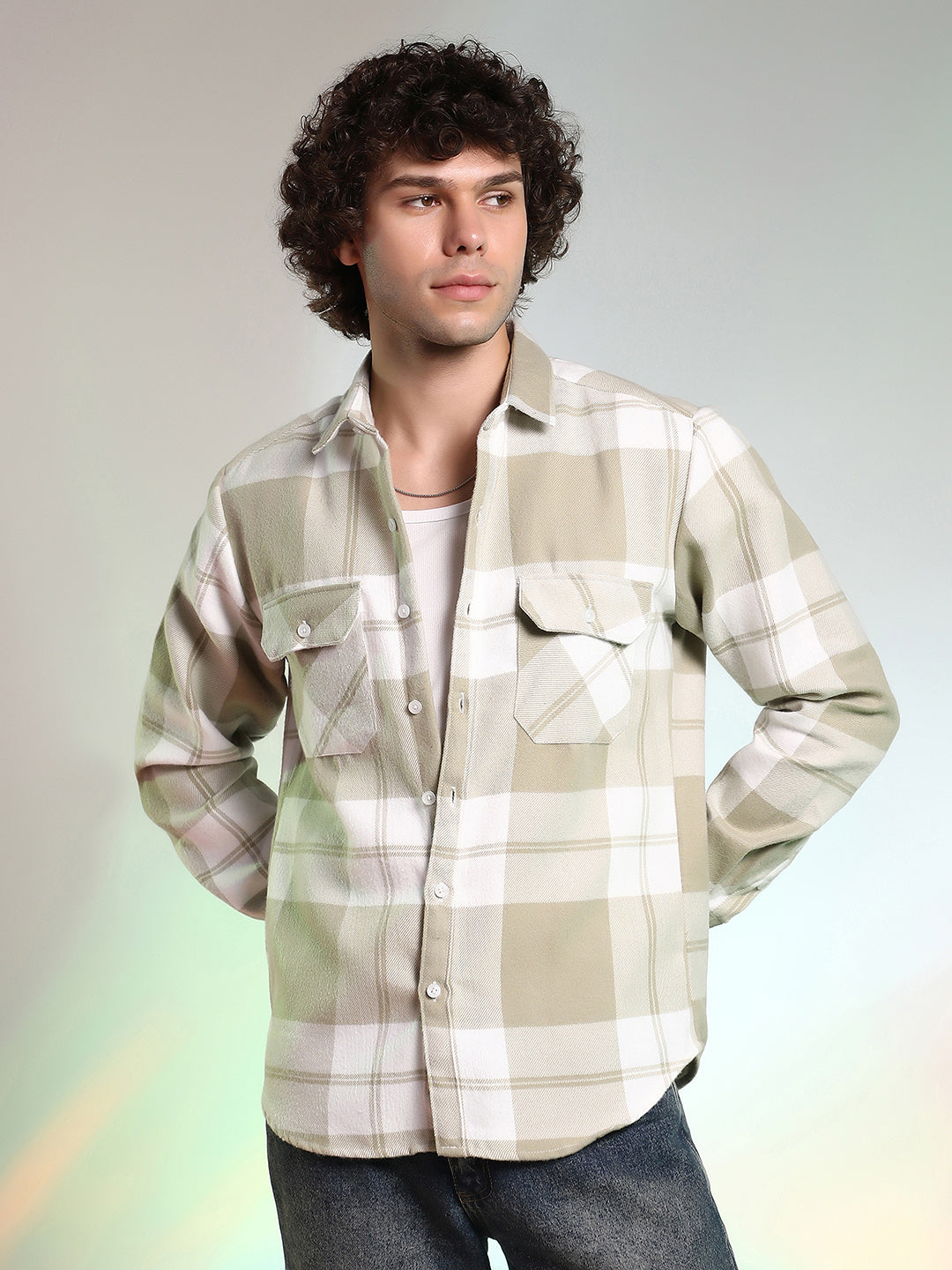 Beige Plaid Cotton Shirt With Full Sleeves