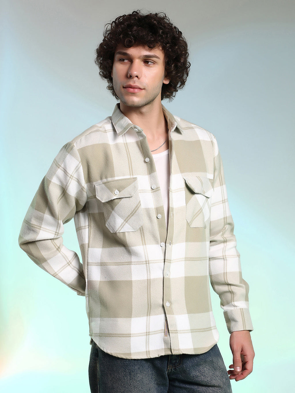 Beige Plaid Cotton Shirt With Full Sleeves