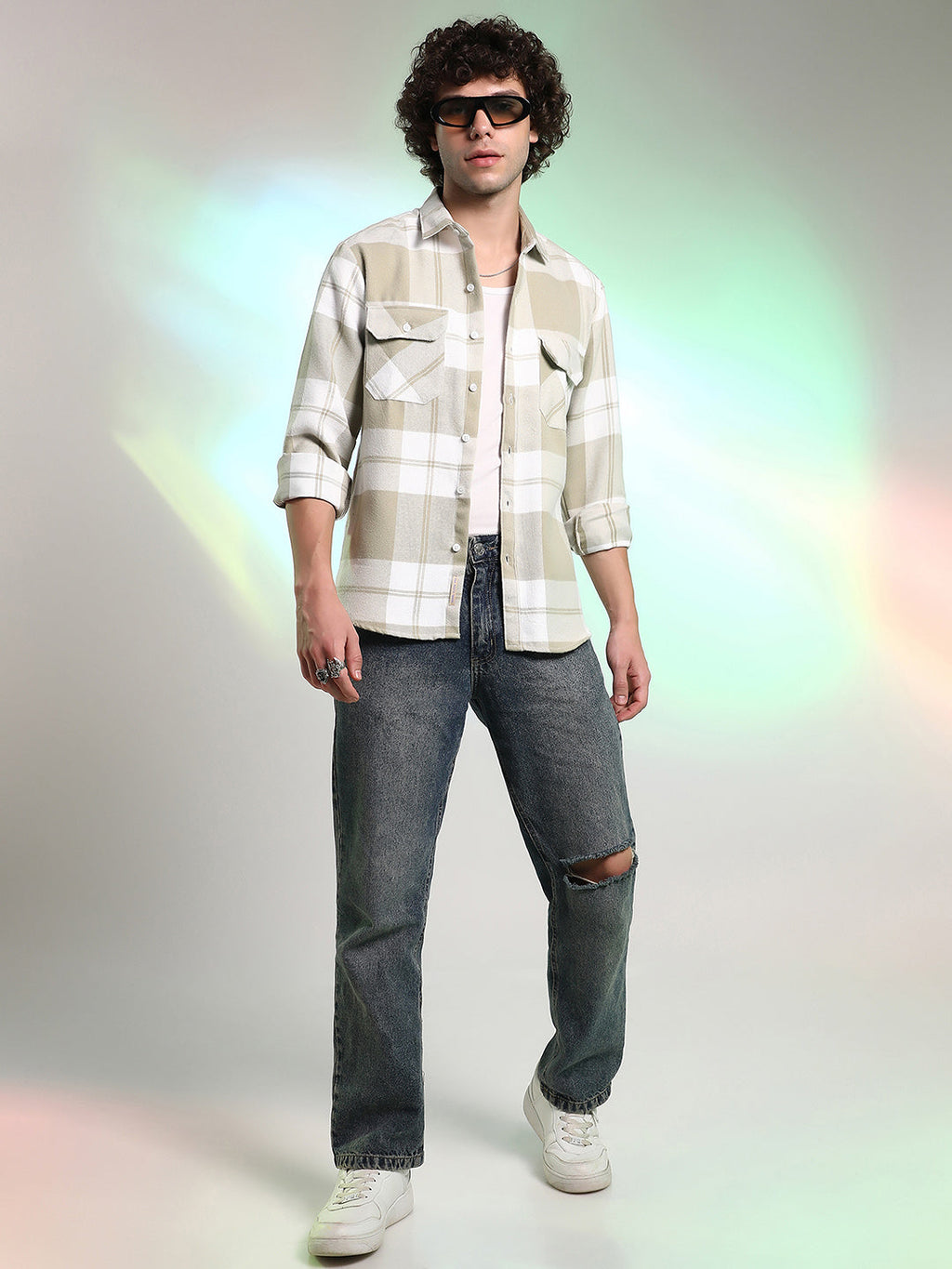 Beige Plaid Cotton Shirt With Full Sleeves