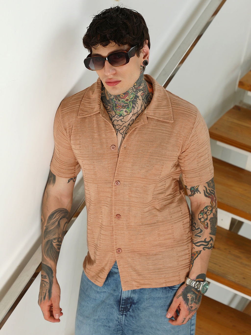 Mens Light Brown Textured Button-Down Shirt