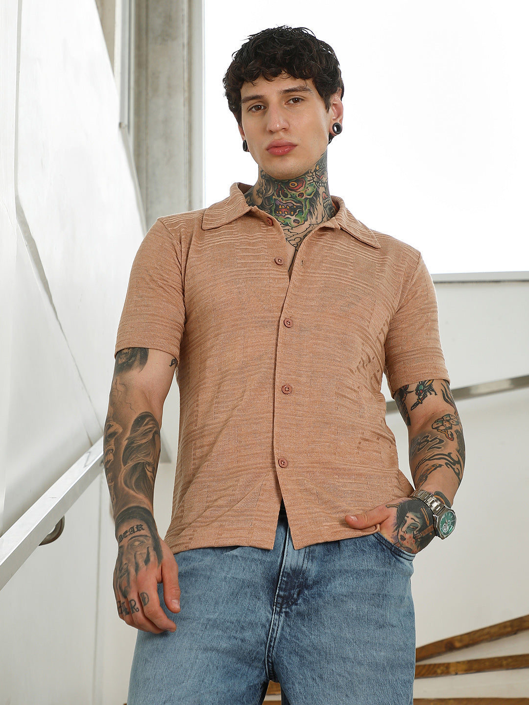 Mens Light Brown Textured Button-Down Shirt