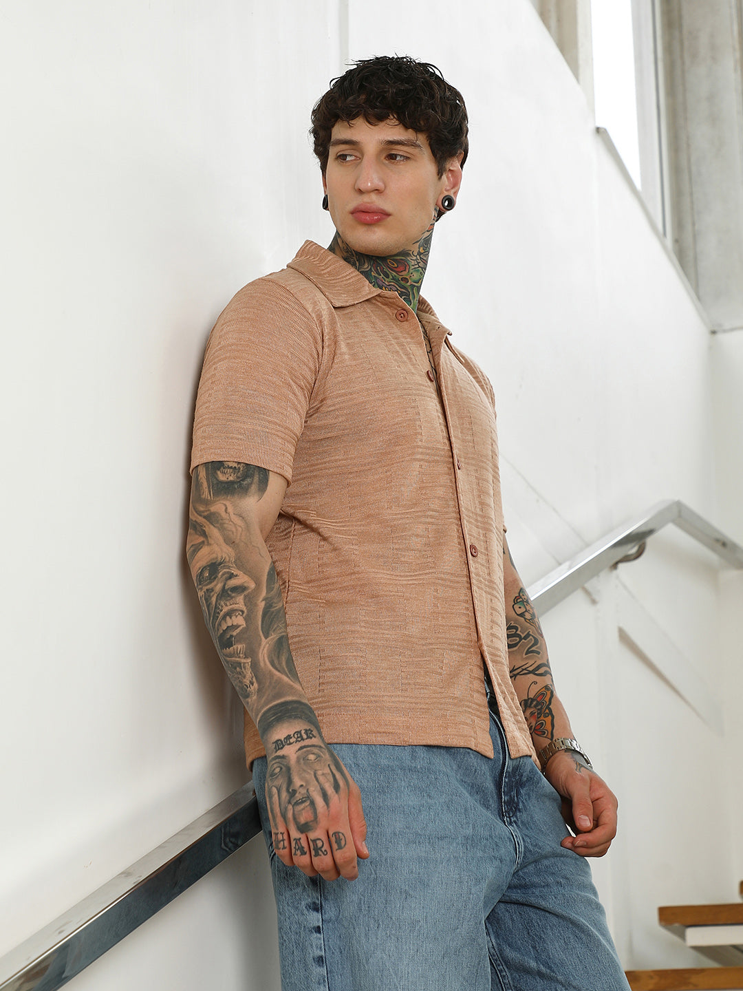 Mens Light Brown Textured Button-Down Shirt