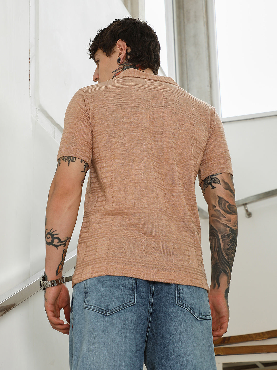 Mens Light Brown Textured Button-Down Shirt