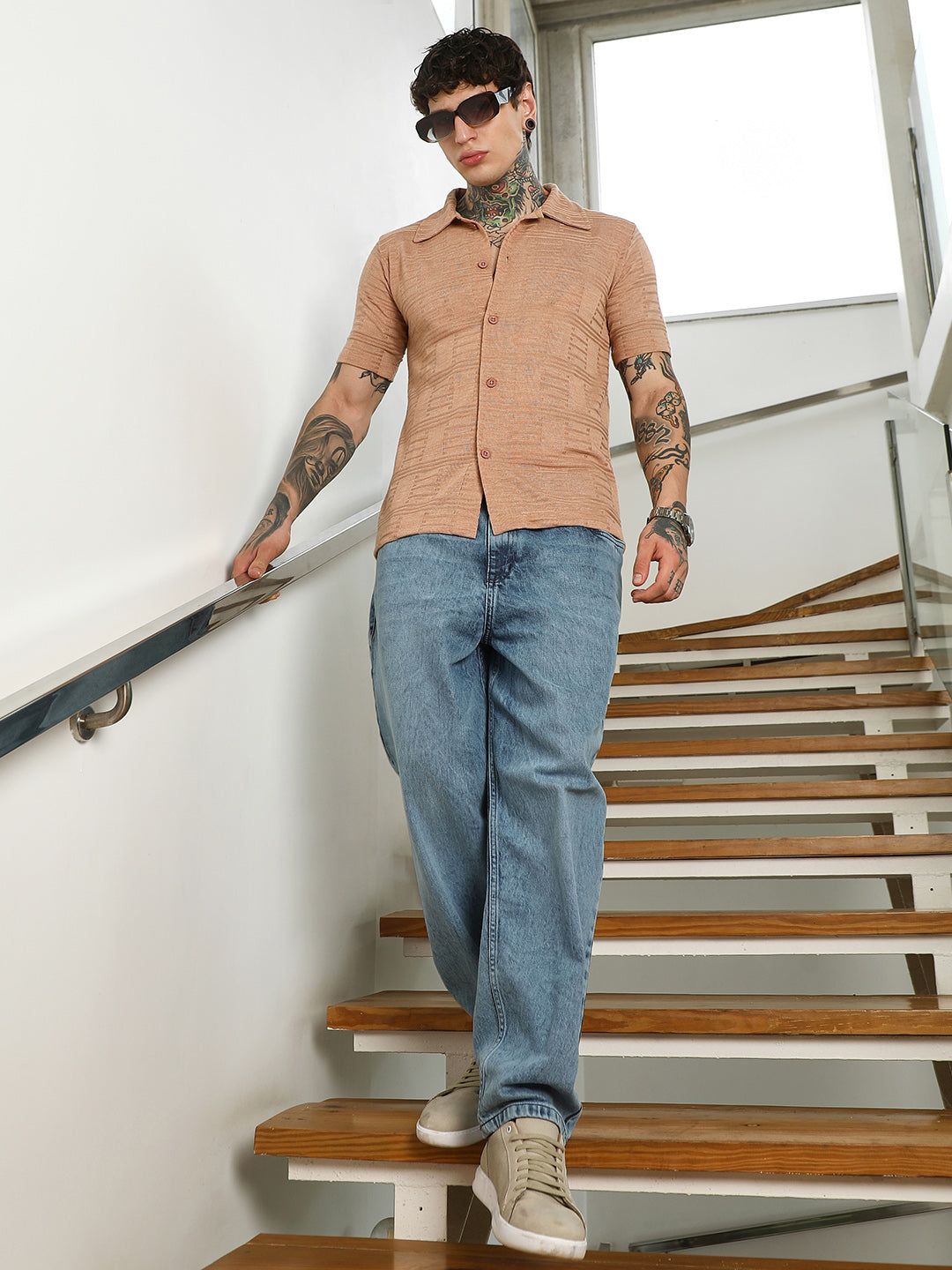 Mens Light Brown Textured Button-Down Shirt