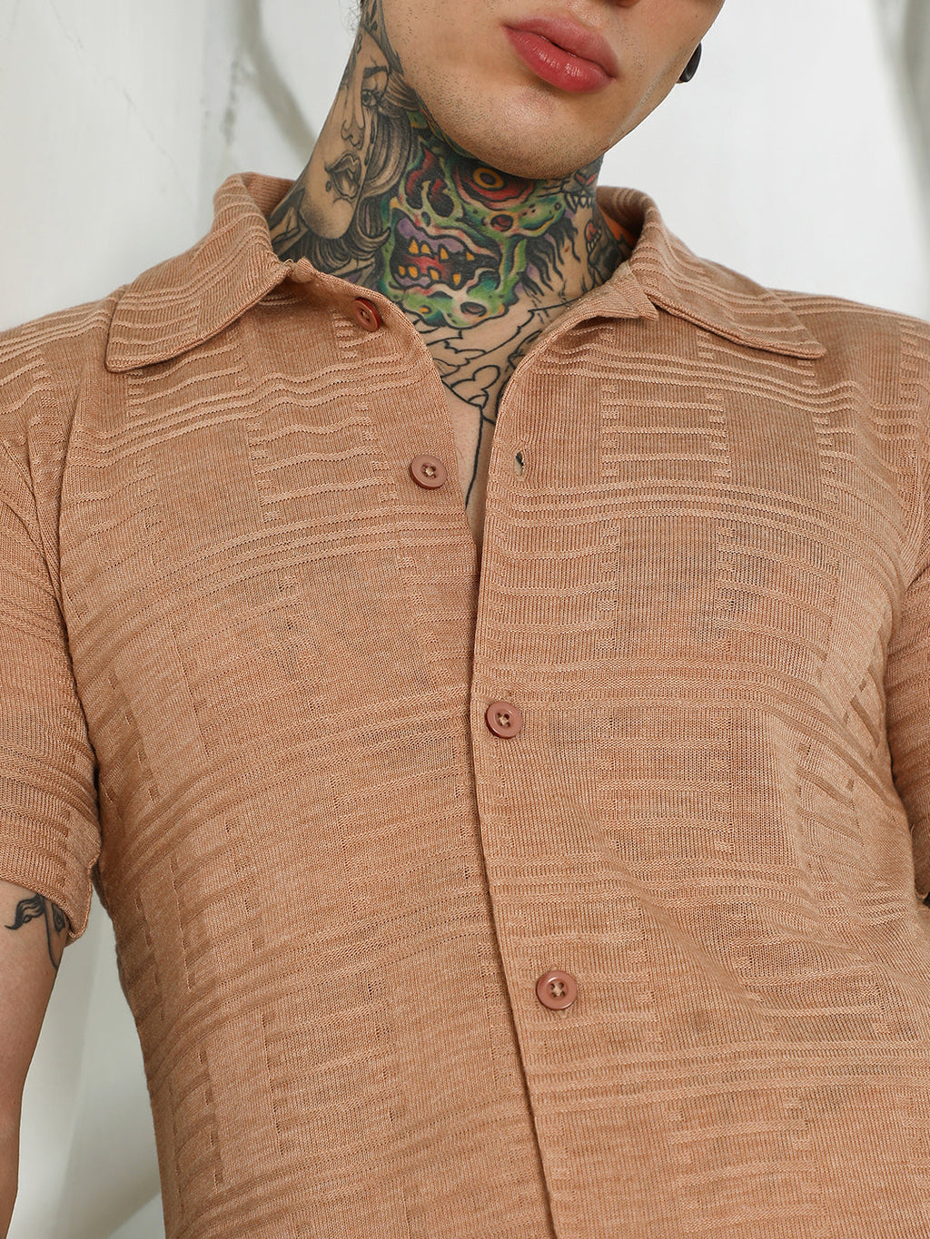 Mens Light Brown Textured Button-Down Shirt