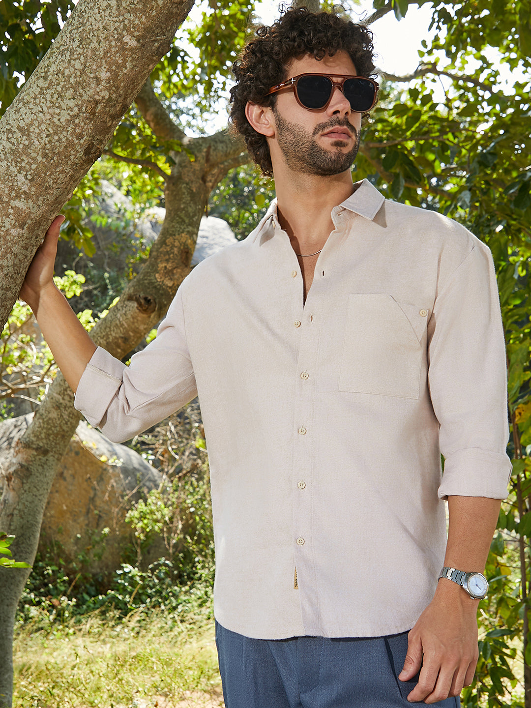 ₹899 | Campus Sutra men's Saltbox Beige Modular Solid Shirt - Campussutra