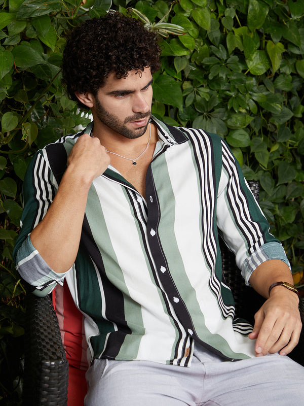 ₹999 | Campus Sutra men's Jungle Green & Cream White Multitrack-Striped  Shirt