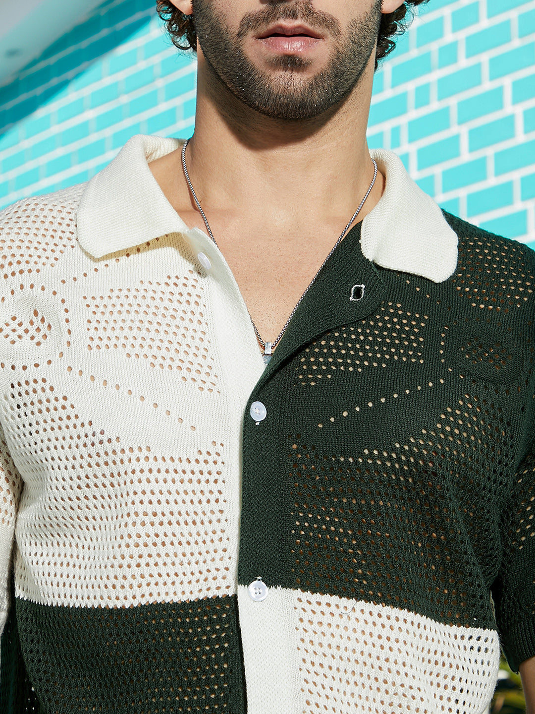 Block Open-Knit Polo Shirt