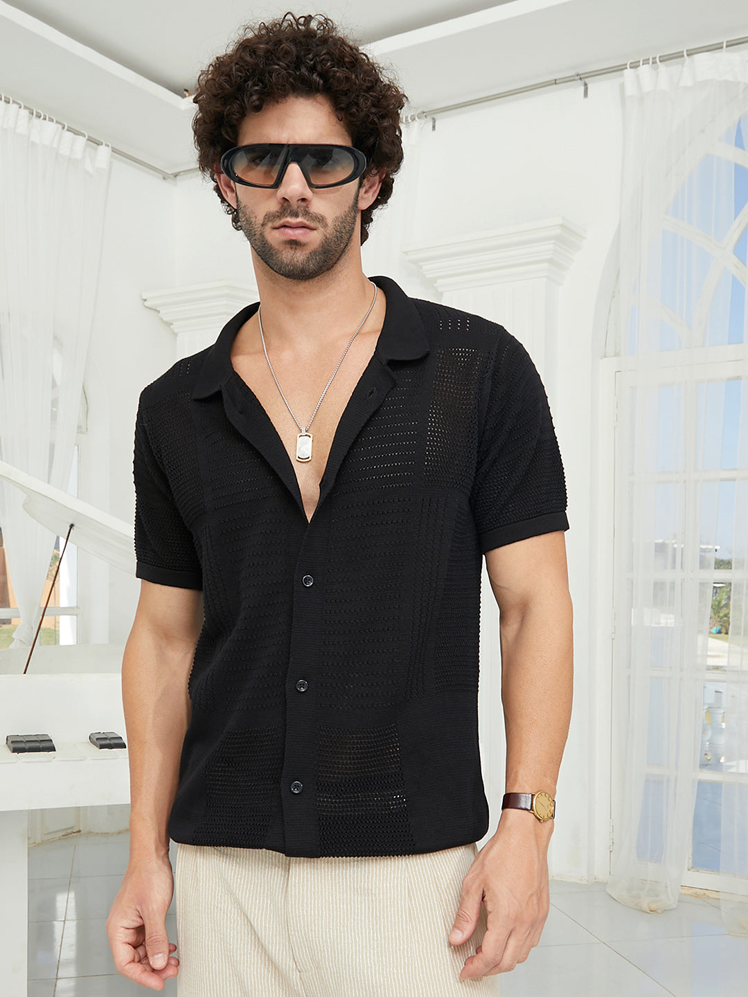 Maxi-Grid Knit Polo Shirt
