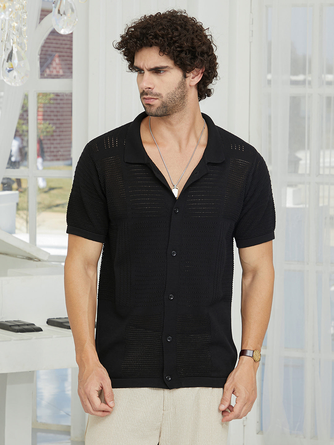 Maxi-Grid Knit Polo Shirt