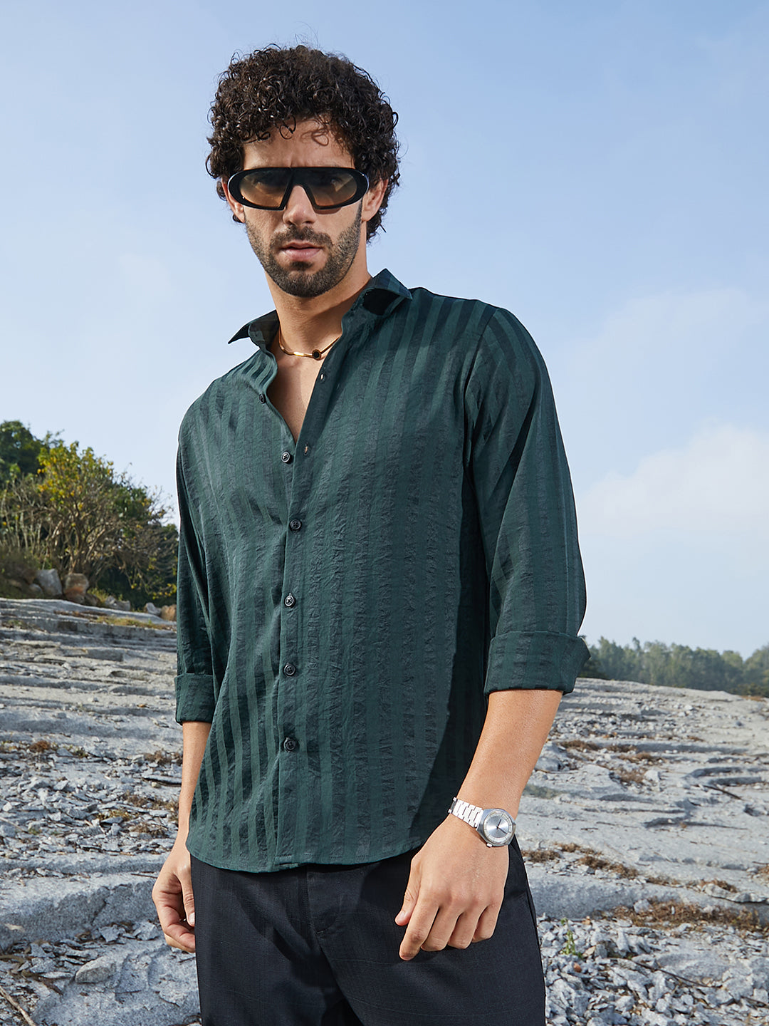 999 | Campus Sutra men's Emerald Green Candy-Striped Shirt - Campussutra 999 | Campus Sutra men's Emerald Green Candy-Striped Shirt - Campussutra