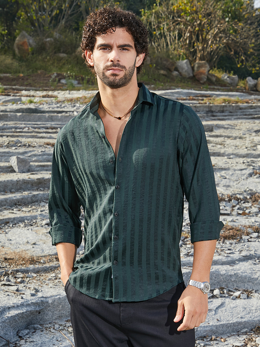 トップス STRIPED REGULAR COLLAR SHIRT S/S TYPE-2 ₹949 | Campus Sutra men's Emerald Green Candy-Striped Shirt