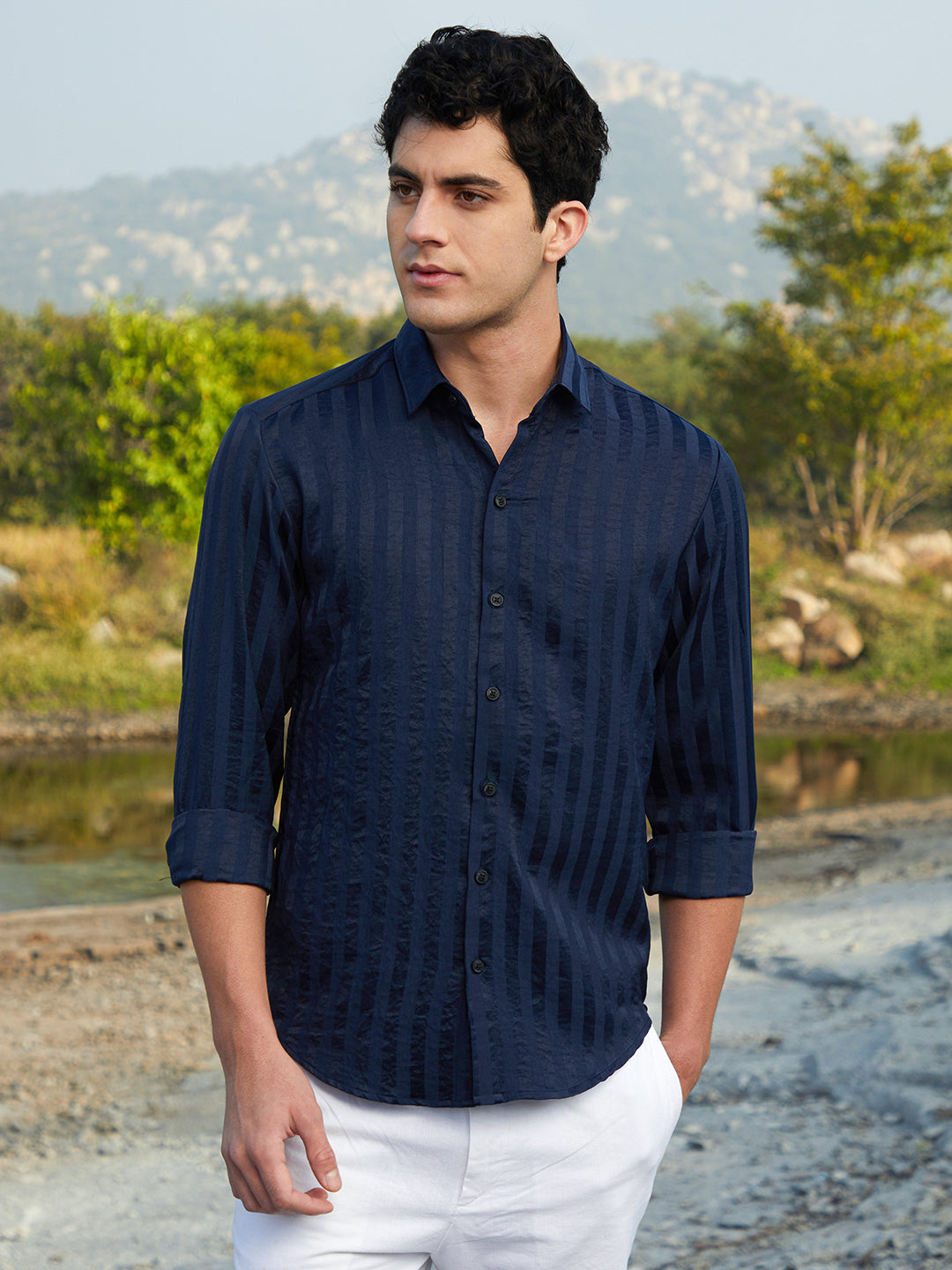 トップス COOTIE / Stripe Broad L/S Shirt - Navy ₹949 | Campus Sutra men's Navy Blue Candy-Striped Shirt - Campussutra