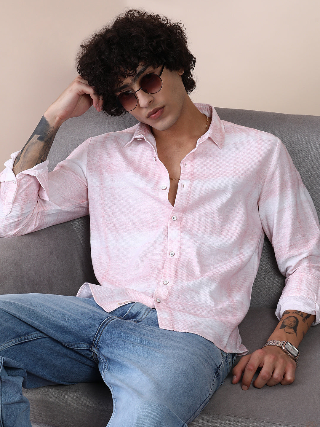 Men's rose pink and daisy white shirt with a soft brushed surface.

