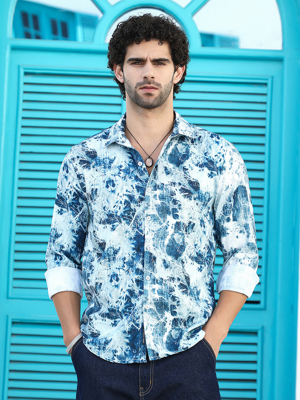 Striated-Contrast Regular Shirt