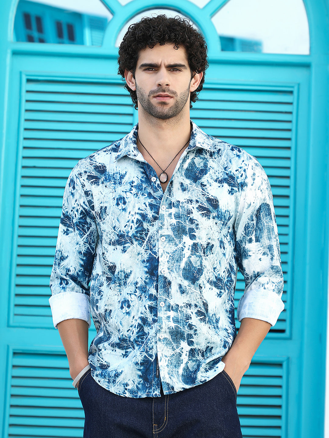 Striated-Contrast Regular Shirt