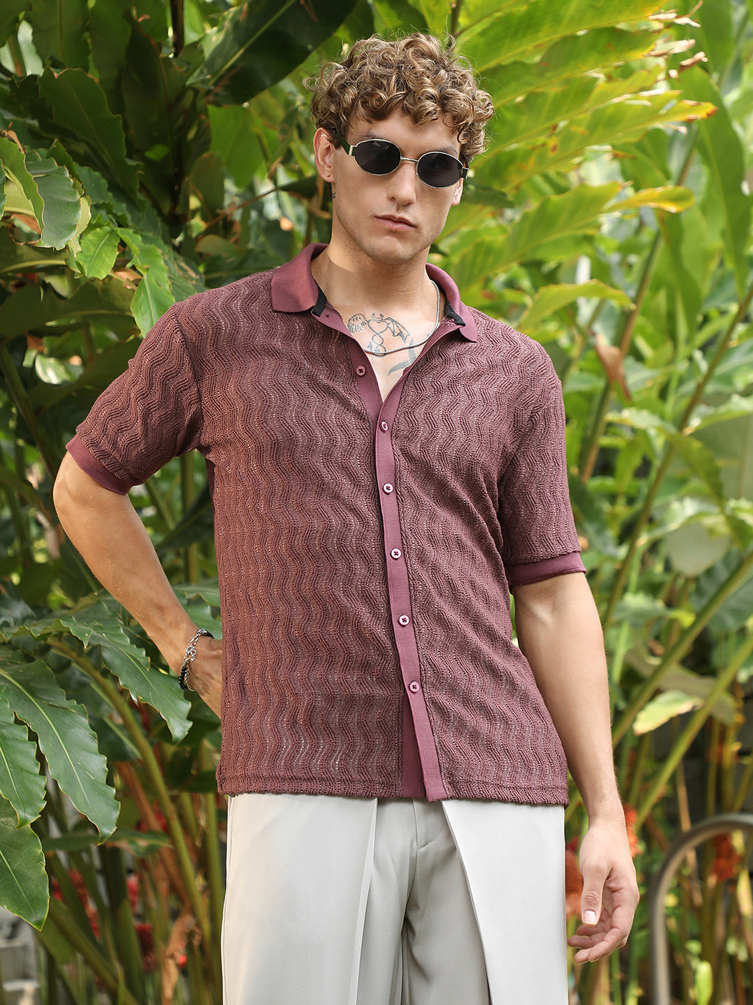 Burgundy Textured Cuban Collar Shirt