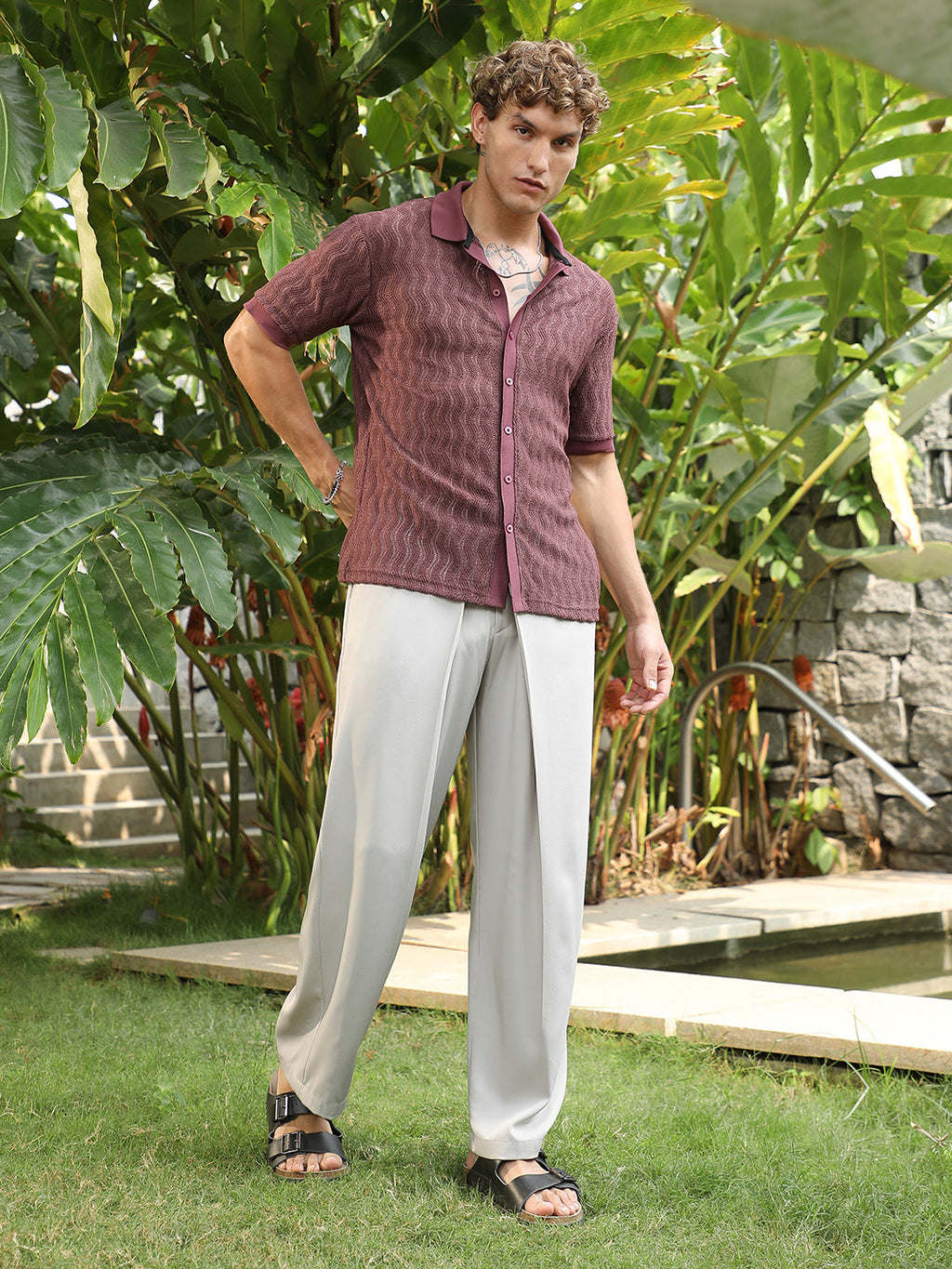 Burgundy Textured Cuban Collar Shirt