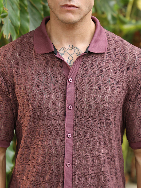 Burgundy Textured Cuban Collar Shirt