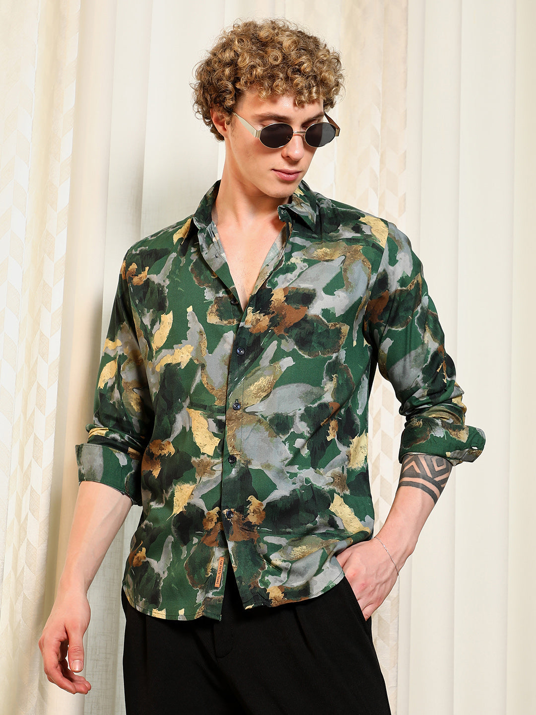 Green Abstract Printed Rayon Shirt