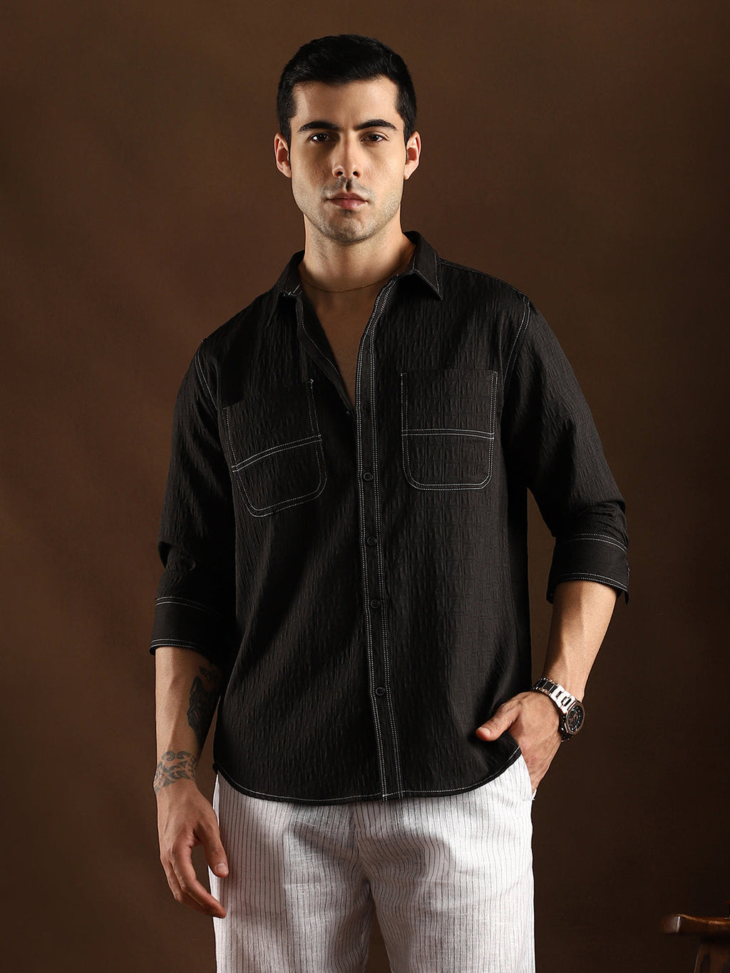 Contrast-Stitch Utility Shirt