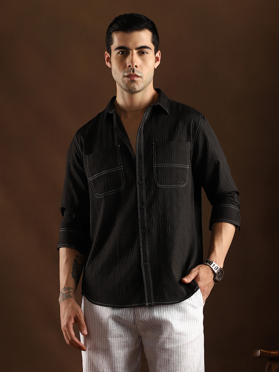 Contrast-Stitch Utility Shirt