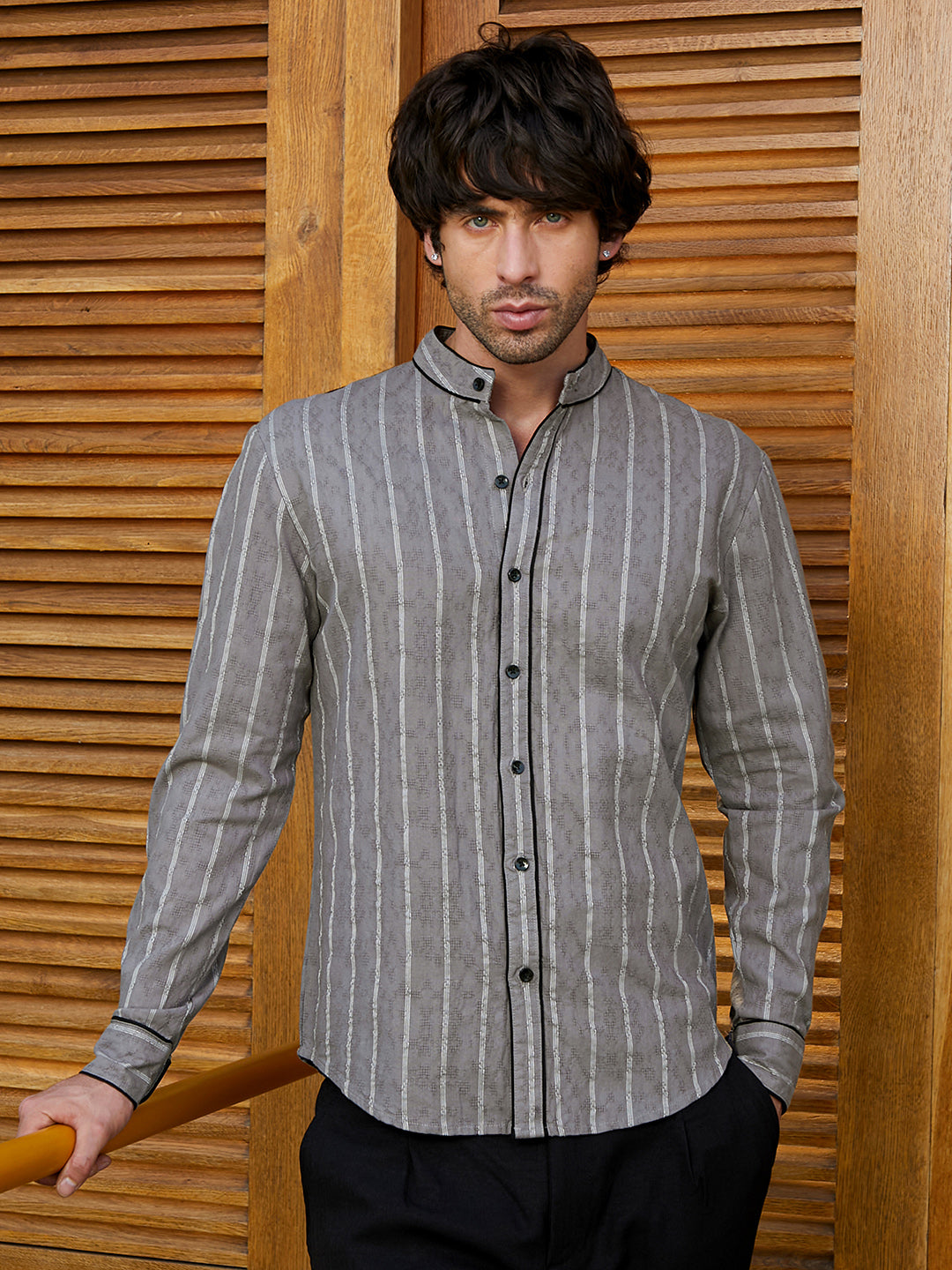 Striped-Jacquard Mandarin Shirt