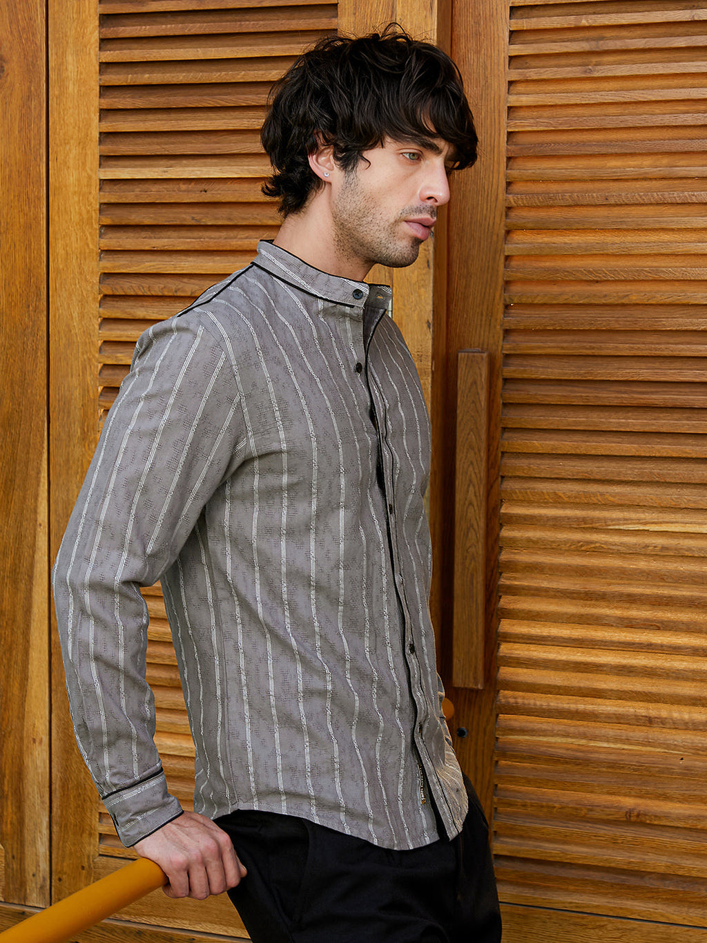 Striped-Jacquard Mandarin Shirt