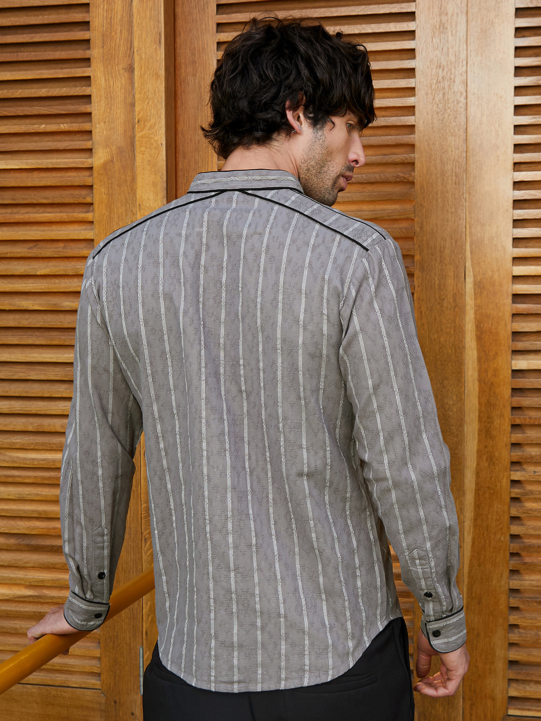 Striped-Jacquard Mandarin Shirt