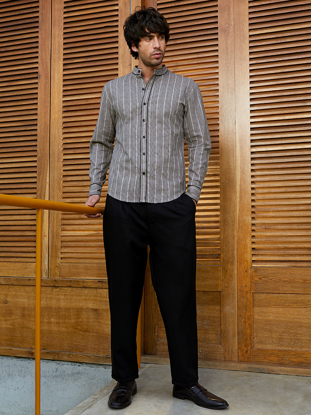 Striped-Jacquard Mandarin Shirt