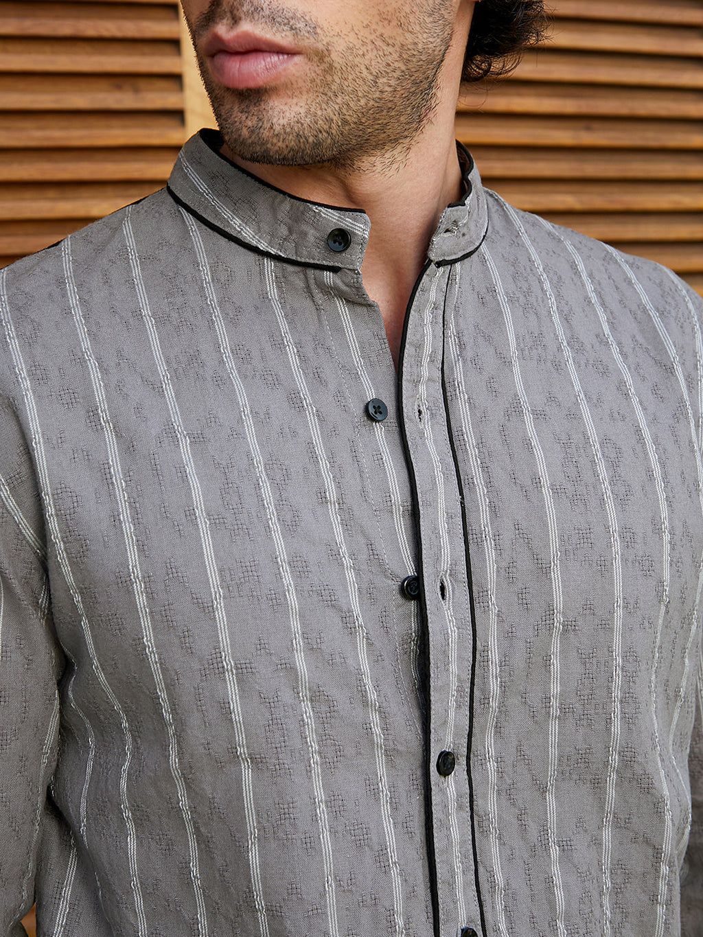 Striped-Jacquard Mandarin Shirt
