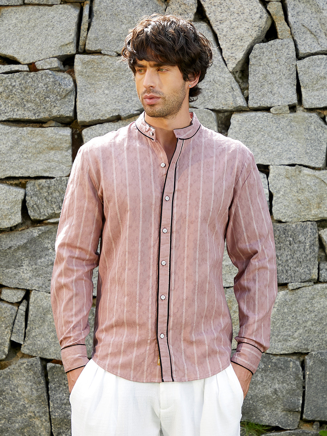 Striped-Jacquard Mandarin Shirt