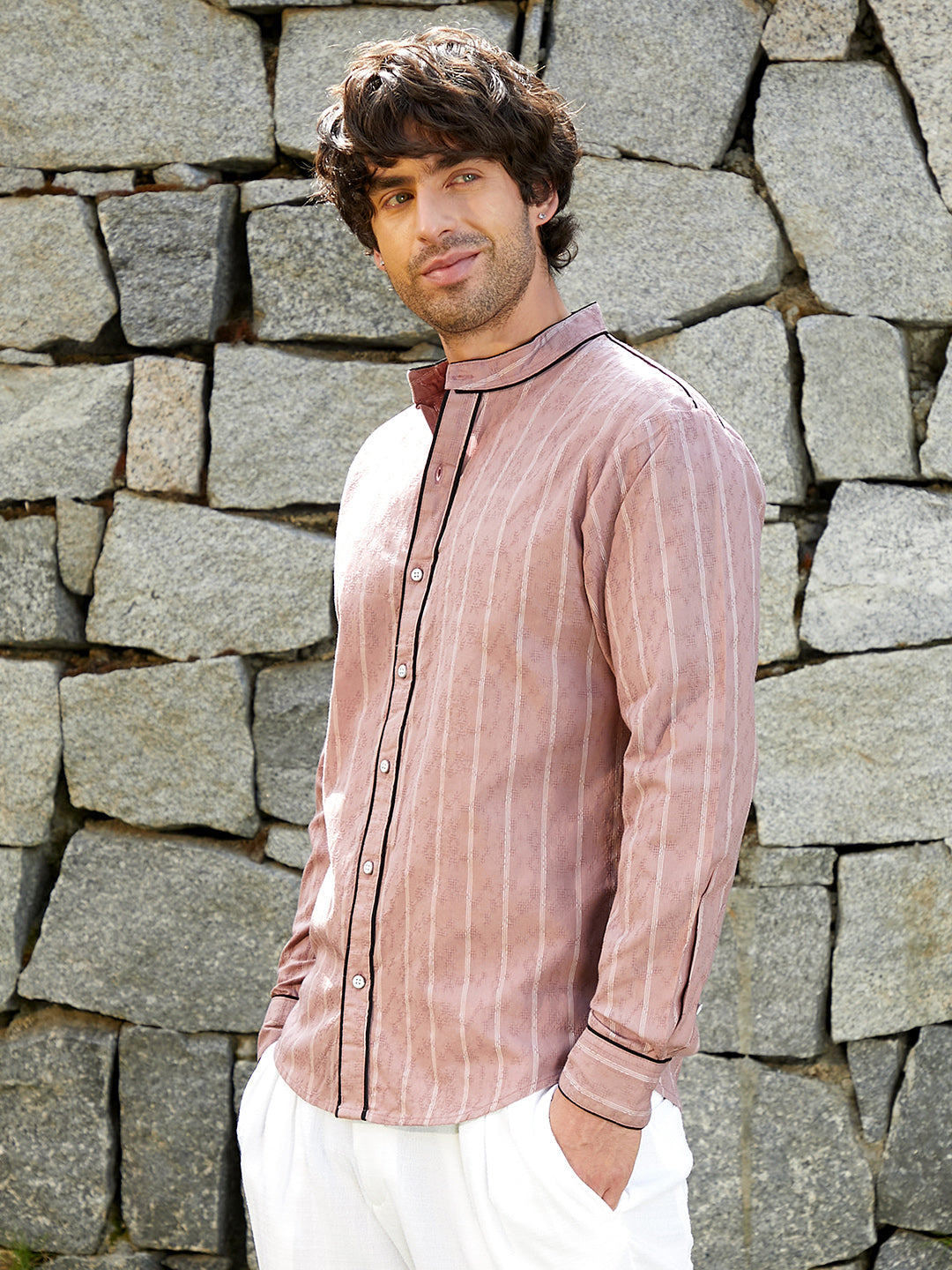 Striped-Jacquard Mandarin Shirt