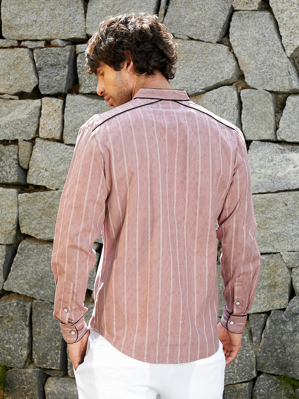 Striped-Jacquard Mandarin Shirt