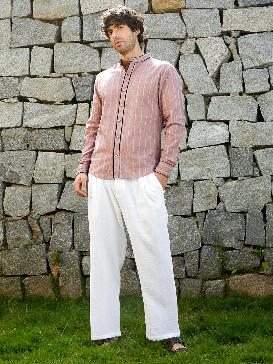 Striped-Jacquard Mandarin Shirt