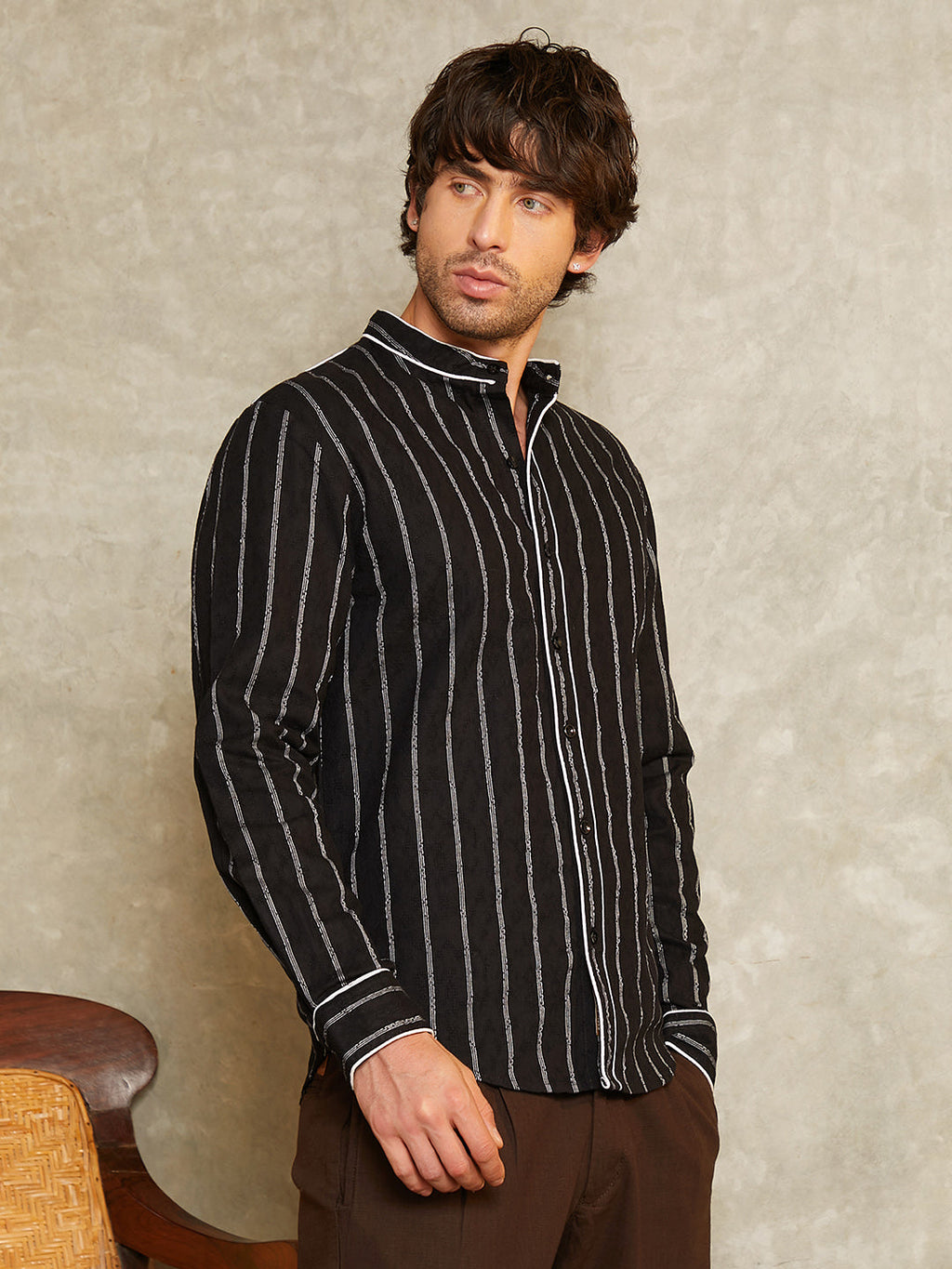 Striped-Jacquard Mandarin Shirt