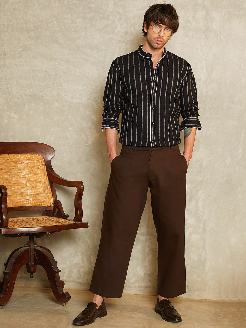 Striped-Jacquard Mandarin Shirt