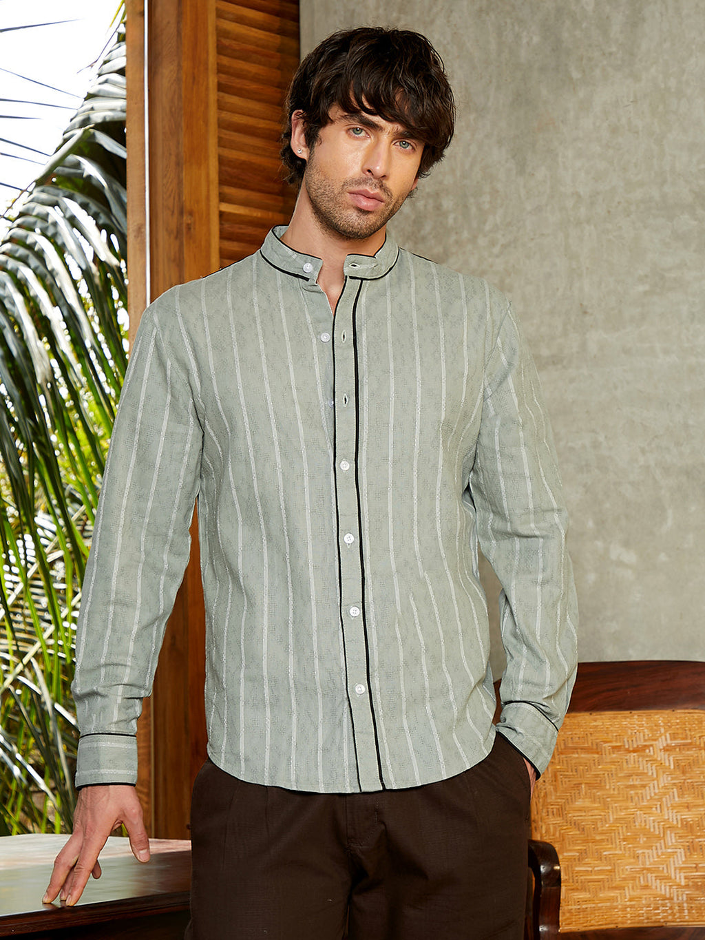 Striped-Jacquard Mandarin Shirt