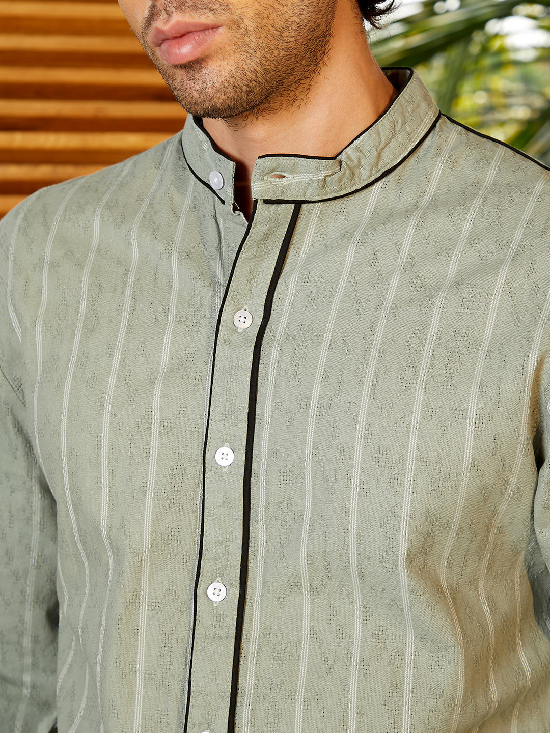 Striped-Jacquard Mandarin Shirt