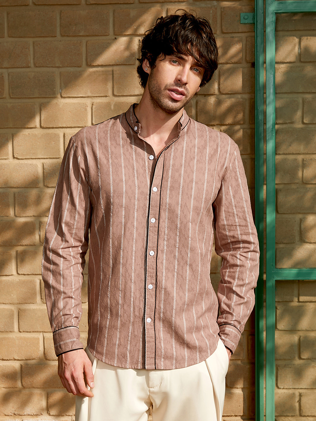 Striped-Jacquard Mandarin Shirt