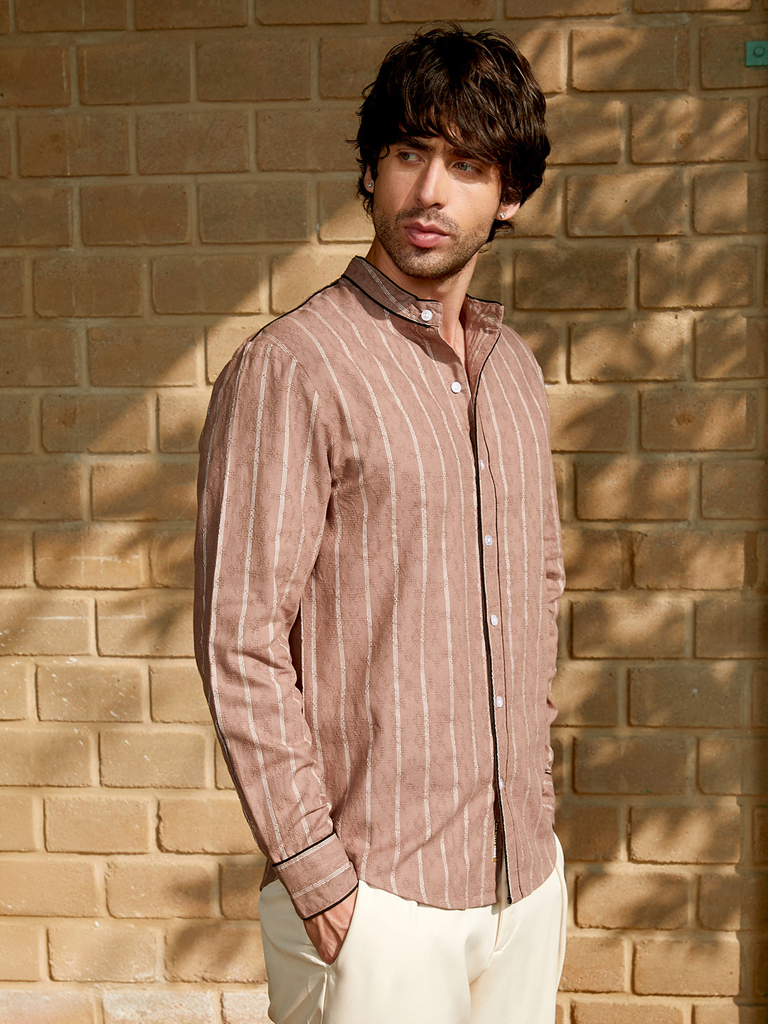 Striped-Jacquard Mandarin Shirt