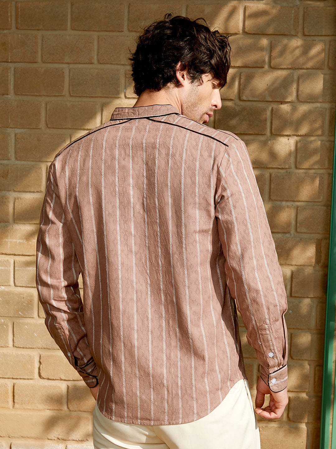 Striped-Jacquard Mandarin Shirt