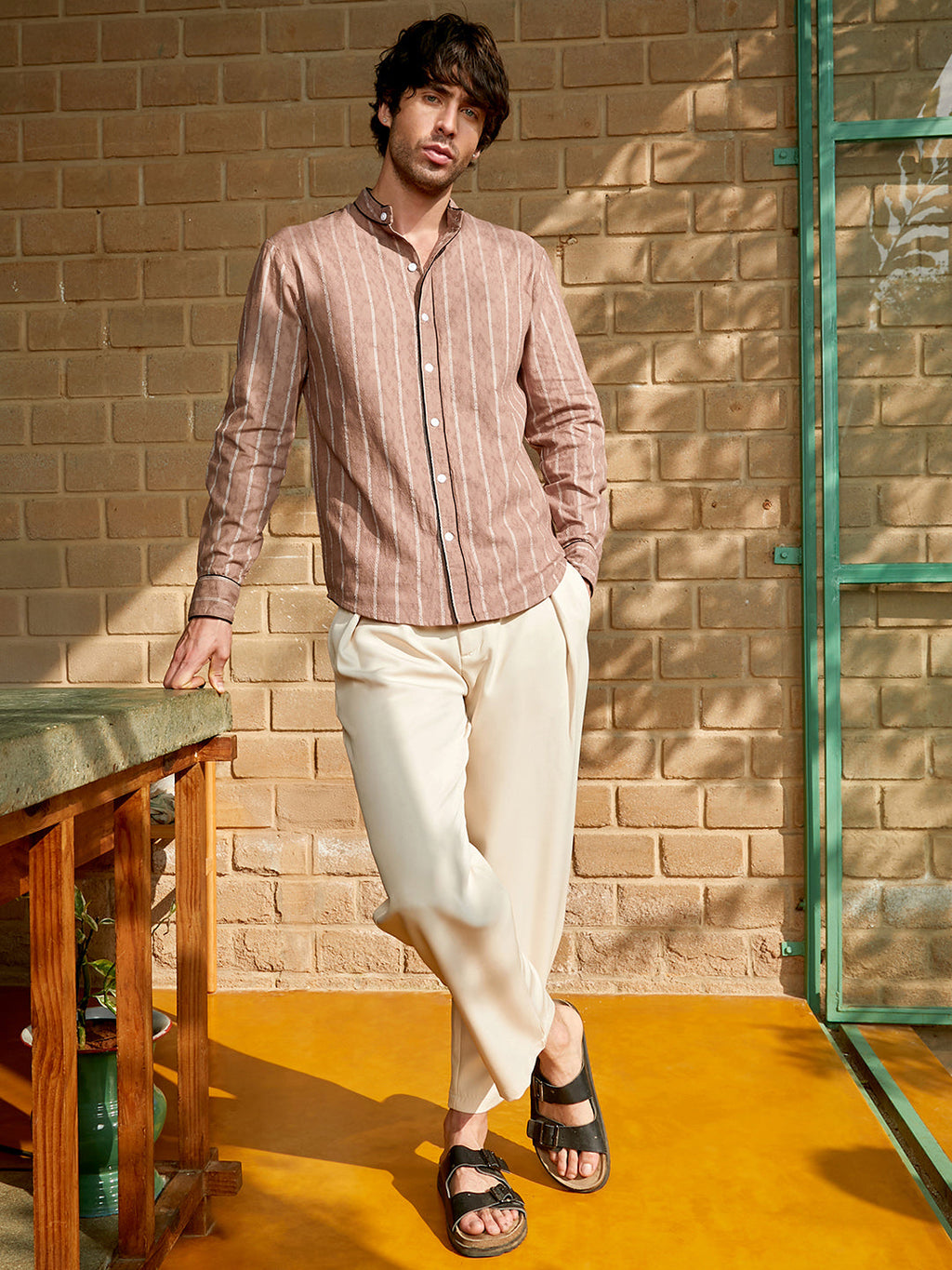 Striped-Jacquard Mandarin Shirt