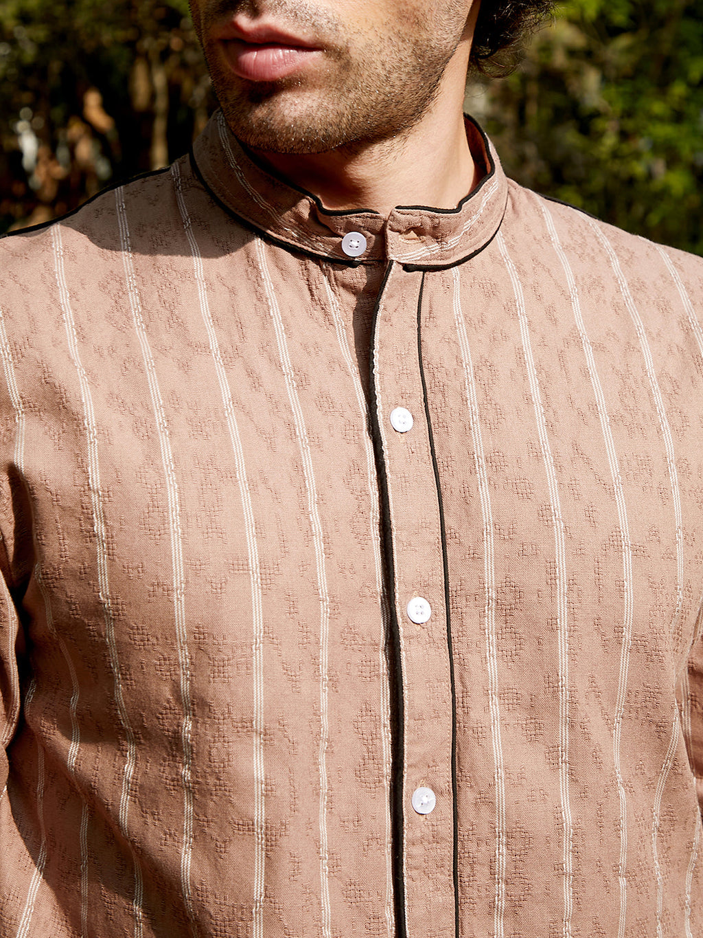 Striped-Jacquard Mandarin Shirt