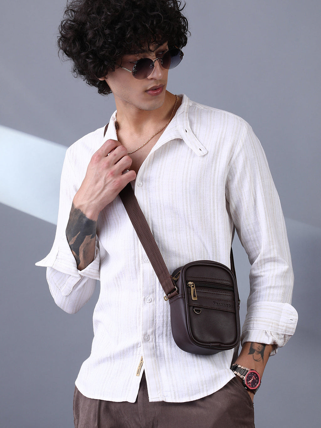 Striped Extended-Band Collar Shirt