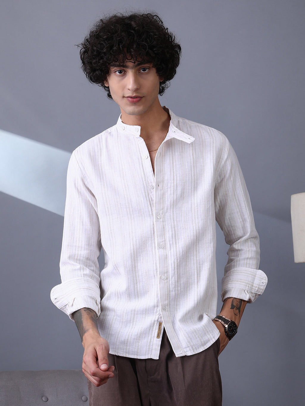 Striped Extended-Band Collar Shirt