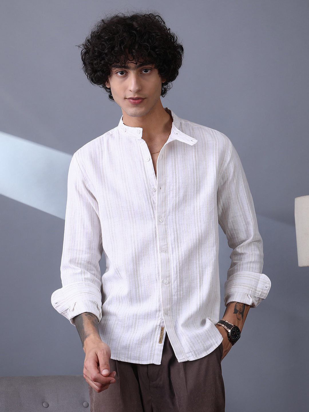 Striped Extended-Band Collar Shirt
